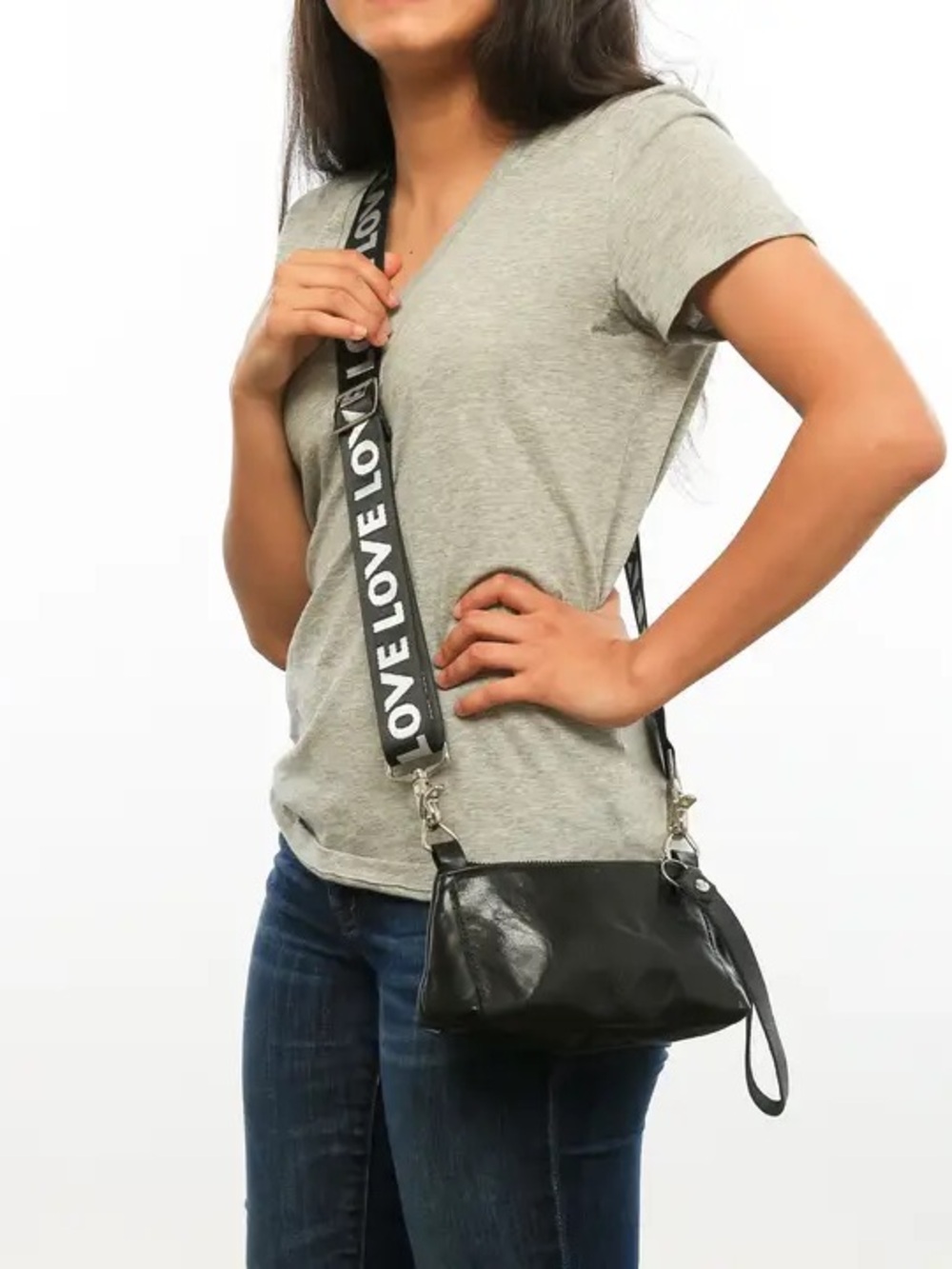 Black Crossbody Wristlet with Detachable LOVE Strap